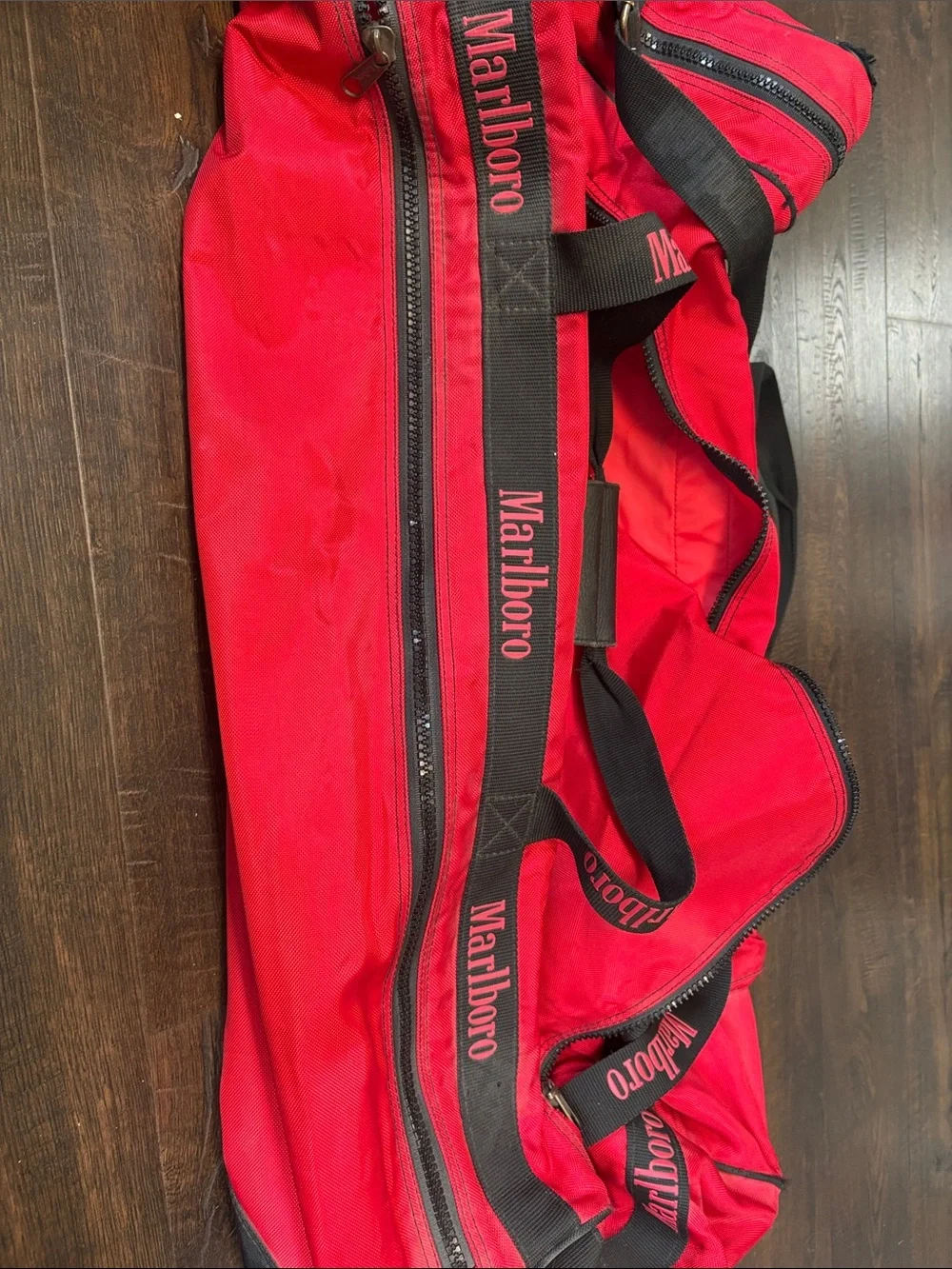 MARLBORO Vintage Red and Black Canvas Wheeled Duffel Bag with Logo Strap